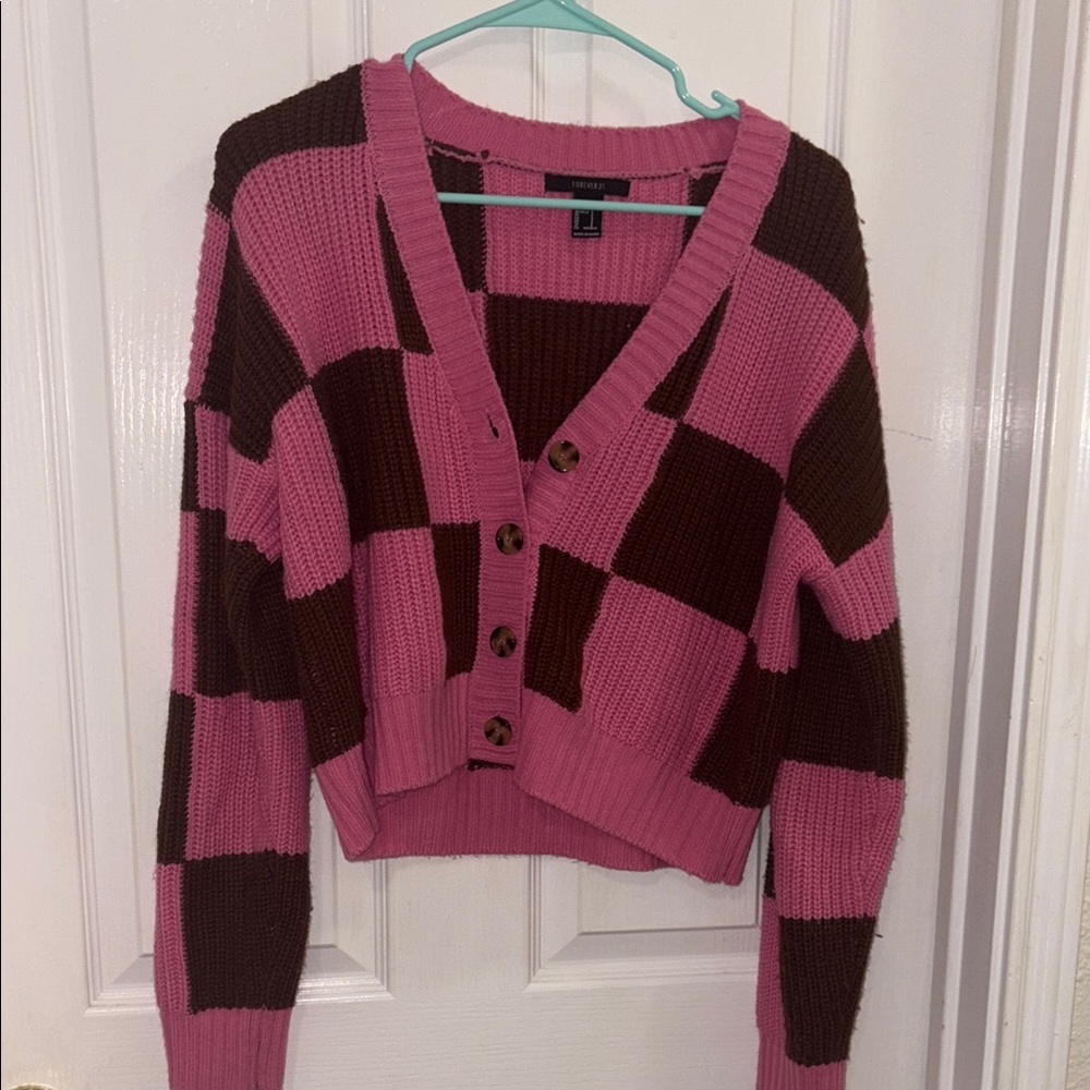 Forever 21 Pink and Brown Color-Block Cardigan Sweater